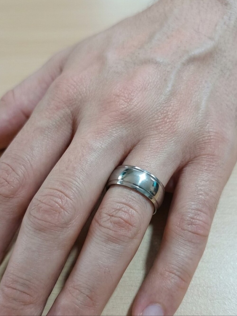 Vintage Two-Groove Polished Steel Ring - Iridescent Silver Size 12